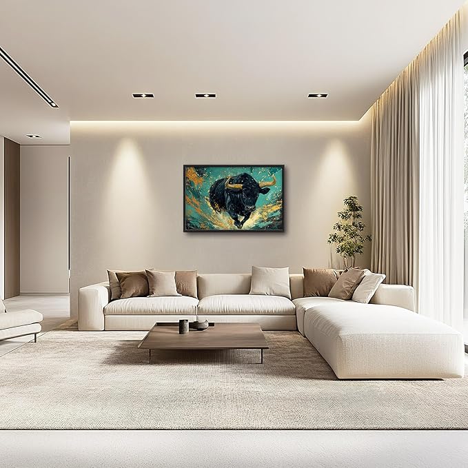 Large Bison Buffalo Wall Art for Living Room, Framed Oversized Bull Wall Decor, Abstract Teal and Golden Canvas Painting Modern Artwork for Living Room Bedroom Office Dining Room 36"x24"