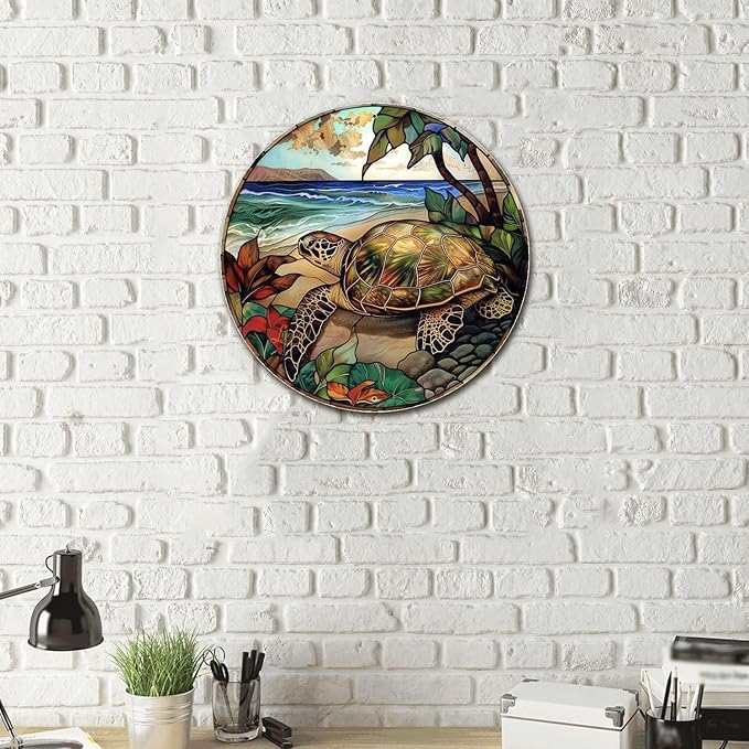Lygond Metal Sign Tin Sign Circular Stained Glass Turtle Decor Outdoor for Yard 8×8 Inches