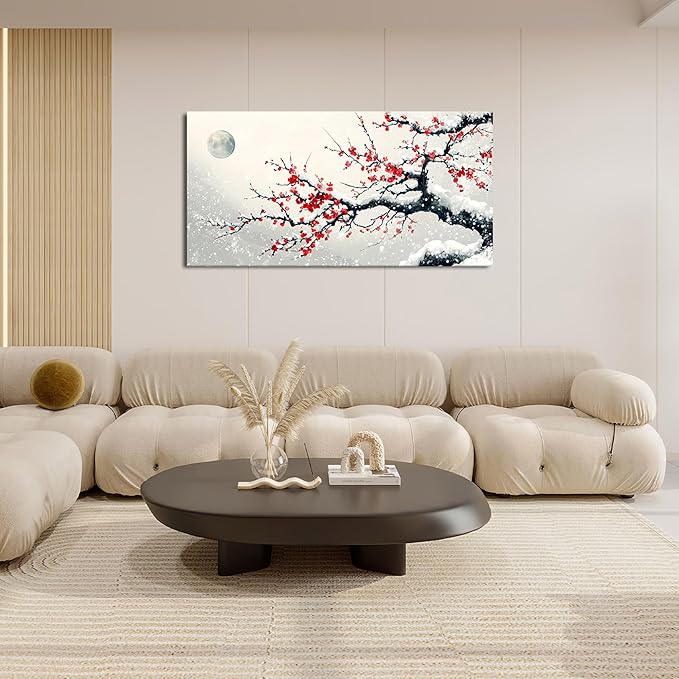 Large Flower Blossom Wall Art Snow Winter Canvas Living Room Chinese Floral Pictures Framed Prints Oversize Japanese Wall Decor Painting Artwork for Bedroom Dining 60"x30"