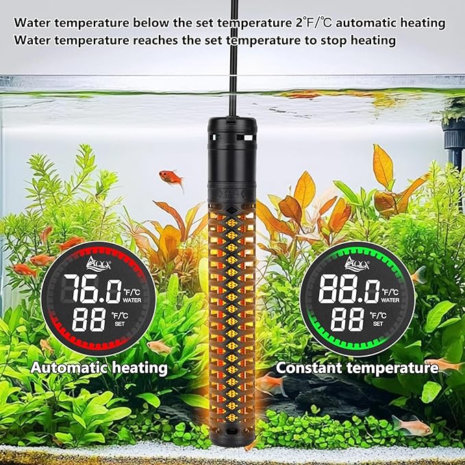 AQQA Aquarium Heater,Submersible Fish Tank Heater 59-93°F/15-34°C External Controller,Rapid Heating,Ultra-high Temperature Protection,Automatic Power-Off When Leaving Water (300W for 53-80 Gallon)