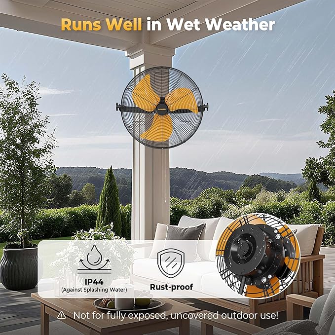 18 Inch Wall Mount Fan, Extended 6.6ft Power Cord, 360° Tilt Adjustment, 3-Speed, IP44 Industrial Commercial Wall Mounted Fan for Greenhouse, Garage, Workshop, Covered Patio, 2 Packs