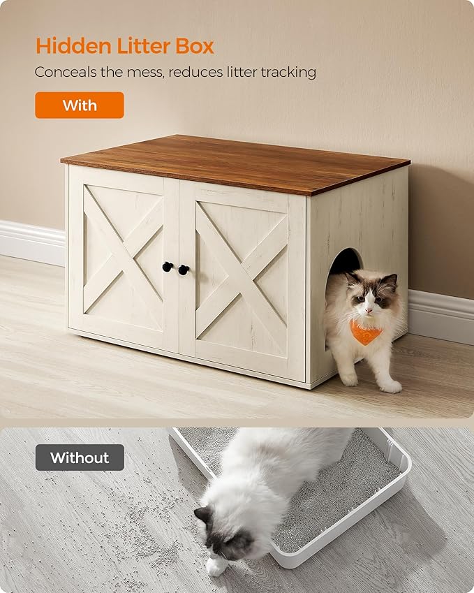 Feandrea Cat Litter Box Enclosure, Litter Box Furniture Hidden with Removable Divider, Indoor Cat House, End Table, 31.5 x 20.9 x 19.7 Inches, Honey Brown and Rustic White UPCL002P01