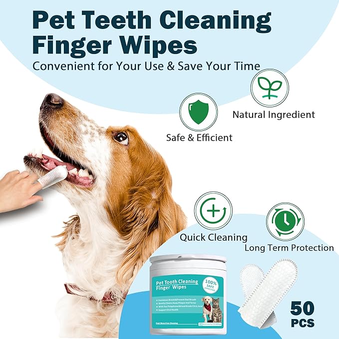 Teeth Cleaning Wipes for Pets 50Pcs ,Dog & Cat Teeth Cleaning Wipes,Pet Teeth Cleaning Finger Mitt Dental Wipe,Pet Teeth Cleaning Finger Wipes,Natural Formula Finger Grooming Wipe for Pets