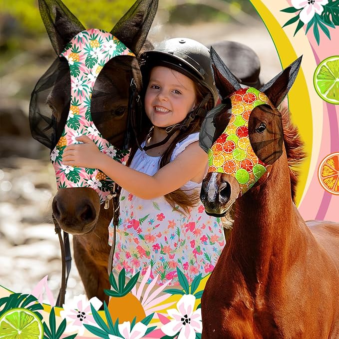 Frienda 4 Pieces Horse Fly Masks with Ears Face Covering UV Protection from Insect Pests Elasticity Smooth Comfortable Mesh Horse Mask Accessories(Fruit,Large)