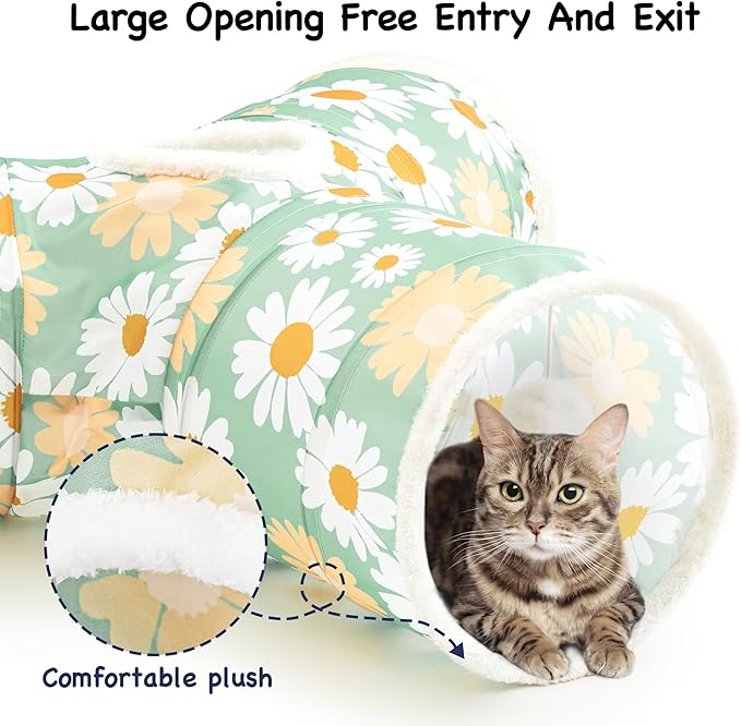 Tempcore Pet Cat Tunnel Tube Cat Toys 3 Way Collapsible, Cat Tunnels for Indoor Cats,Kitty Tunnel Bored Pet Toys Peek Hole Toy Ball Puppy, Kitty, Kitten, Rabbit Daisy Green Printed