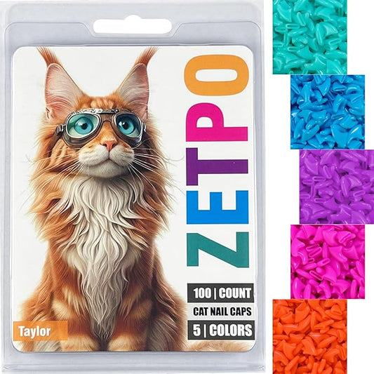 zetpo 100 pcs Cat Nail Caps | Cat Claw Covers | with Adhesives and Applicators (S, Turquoise, Sky Blue, Purple, Rose, Orange Peel)