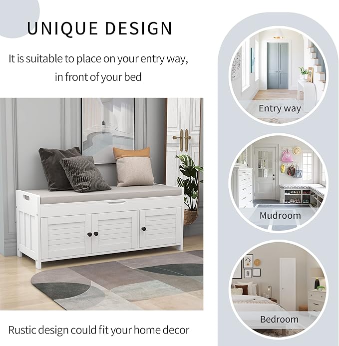 Storage Bench with 3 Shutter-Shaped Doors, Pine Wood Shoe Bench with Removable Cushion and Hidden Storage Space for Living Room, Entryway 43.5" L x 16" W x 18" H (White)