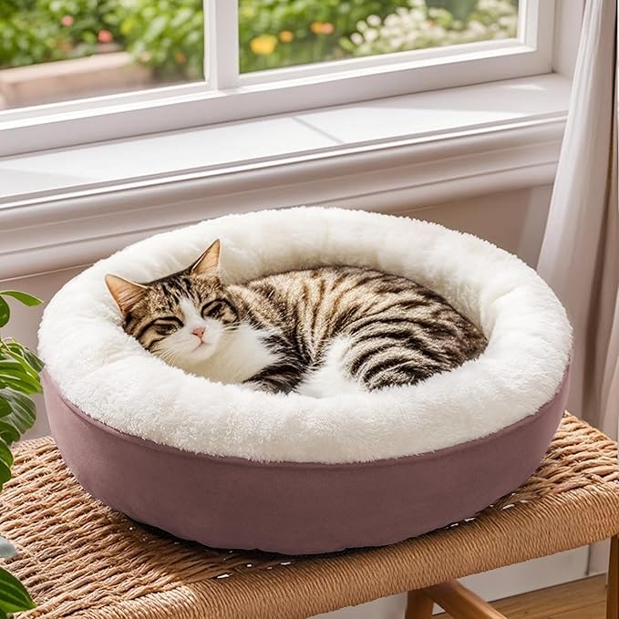 Love's cabin Round Donut Cat and Dog Cushion Bed, 20in Pet Bed for Cats or Small Dogs, Anti-Slip & Water-Resistant Bottom, Super Soft Durable Fabric Pet beds, Washable Luxury Cat & Dog Bed Burlwood