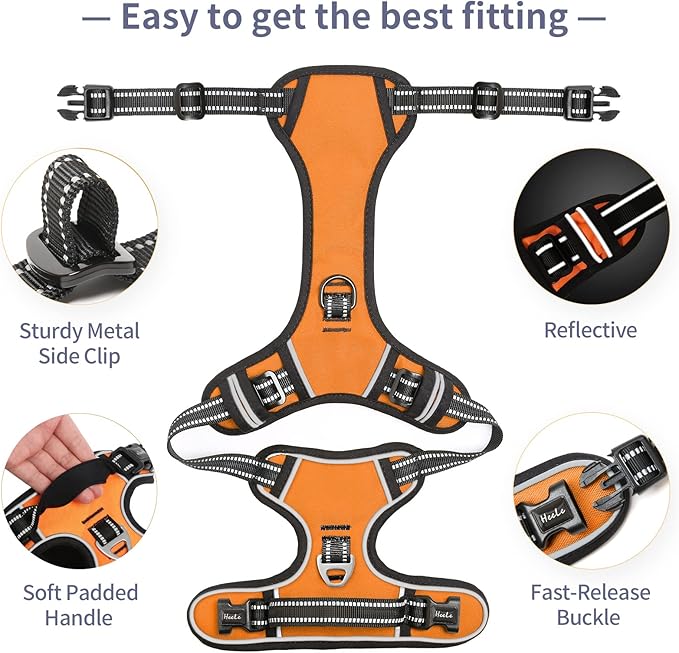 HEELE Dog Harness, No Pull Adjustable Padded Reflective Harness for Small Medium Large Dogs with Handle for Walking Training, Orange, XL