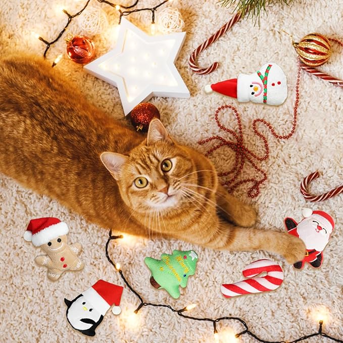 FOIMAS 6pcs Christmas Catnip Toys,Xmas Cat Toys Plush Santa Claus Snowman Tree Interactive Chew Bite Toys for Cat Kitten Indoor