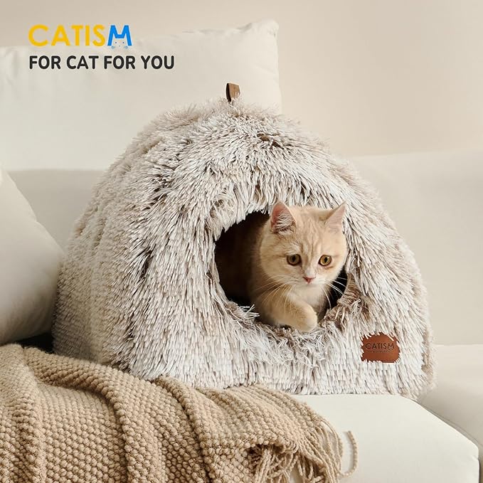 CATISM Cat Bed, Cat Cave for Indoor Cats, Soft Cat Dome, Self-Warming 2 in 1 Foldable Pet Cat House with Washable Cushioned Pillow Calming Fluffy Dog Beds for Small Dogs with Anti-Slip Bottom Brown