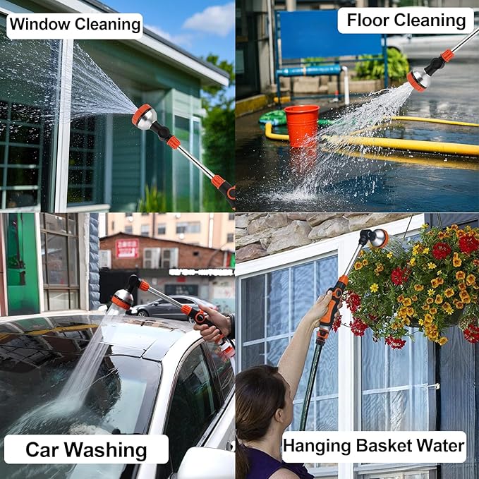 17.5" Gardening Watering Wand | 8 Spray Patterns & Thumb-Controlled Switch | 180° Rotating Long Nozzle| for Plants, Hanging Baskets and Shrubs, Pet Bathing, Wall Washing (orange)