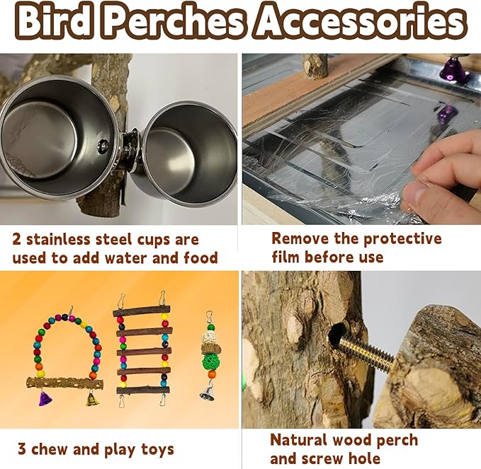 kathson Parrot Play Stand Parakeet Playground Bird Jungle Gym Wood Conure Playstand Hanging Chewing Toys with Swings and Feeder Cups Bird Cage Accessories for Cockatiel Lovebirds Budgie