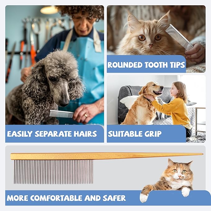 Grooming Pet Comb Rat Tail Dematting Cat and Dog Comb,Rounded Ends Design for Safe Tangle Removal, Hairstyling, Massage,Loose Hair Removal,Prevent Irritation,Fluffing Paws,Face,Tail,Remove Tear Stain
