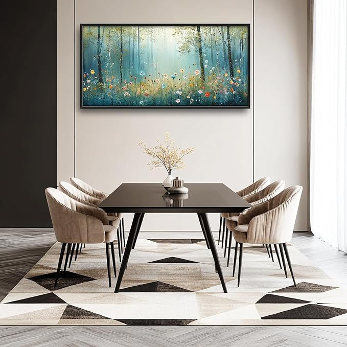 Large Forest Tree Wall Art for Living Room, Framed Oversized Wildflowers Wall Decor, Foggy Landscape Canvas Painting Modern Artwork Home Decoration for Dining Room Bedroom Office 60"x30"