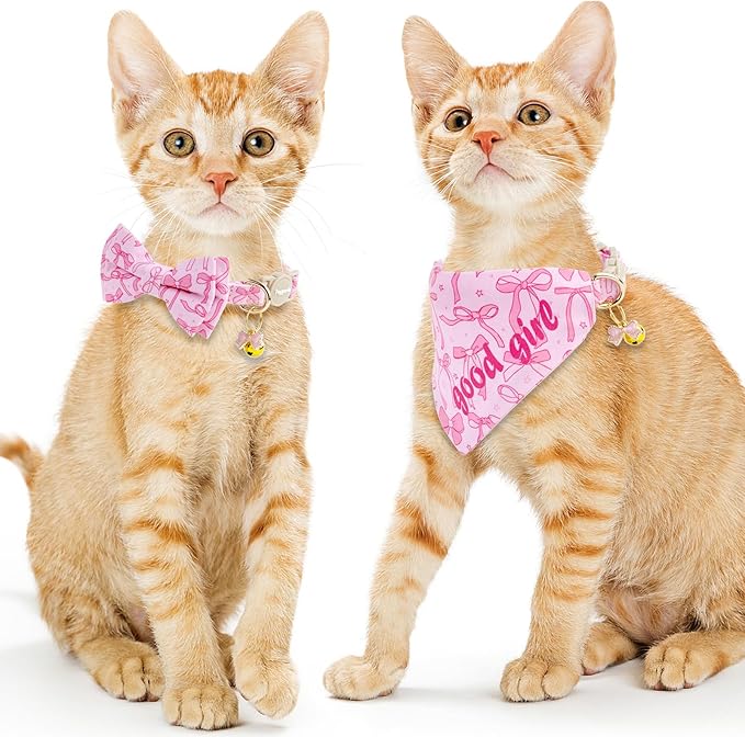 Faygarsle 2 Pack Pink Bow Pattern Cat Collar Set with Bandana and Bowtie, Breakaway Safety Collar with Bell Spring Summer Design for Girl Cats