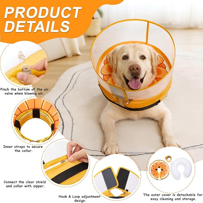 Inflatable Dog Cone Collar with Enhanced Anti-Licking, Soft Neck Donut for Dogs Cats, Recovery Pet Cone Collar After Surgery for Large Medium Small Dogs (Yellow Flower, Medium)