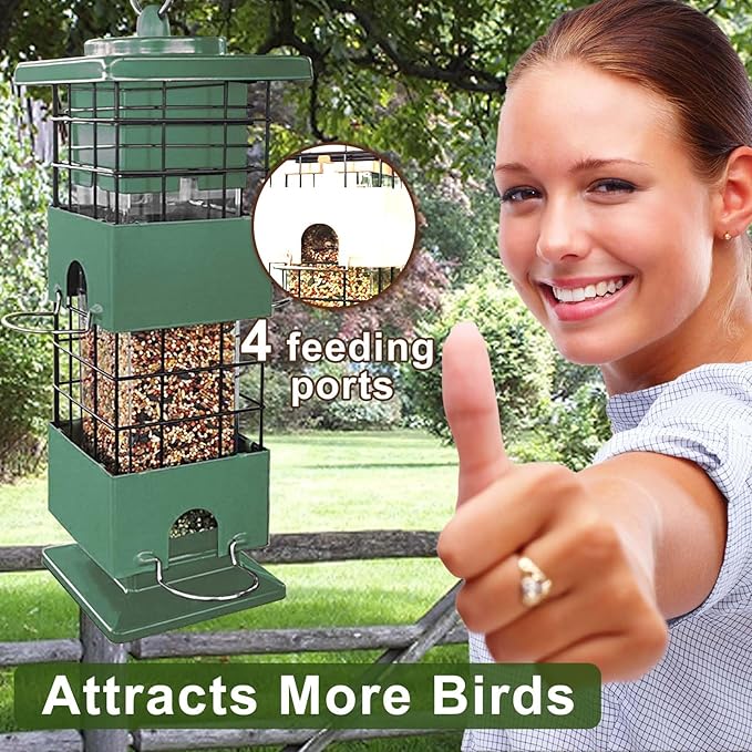 Squirrel Proof Bird Feeder, Metal Bird Feeders for Outdoors, 3Lbs Birdfeeder Outside Hanging, Weight Activated Spring, 4 Feeding Ports, Cardinals, Finches & Sparrows, Wild Birds (Green)
