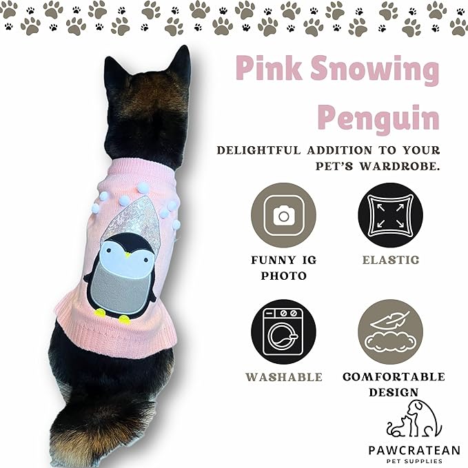 Cute Sweater for Dogs and Cats Soft Flannel Pet Outfit Warm and Cozy Animal Hoodie Small to Large Pet Clothes for Halloween Parties and Everyday Wear (X-Large, Pink Pinguin)