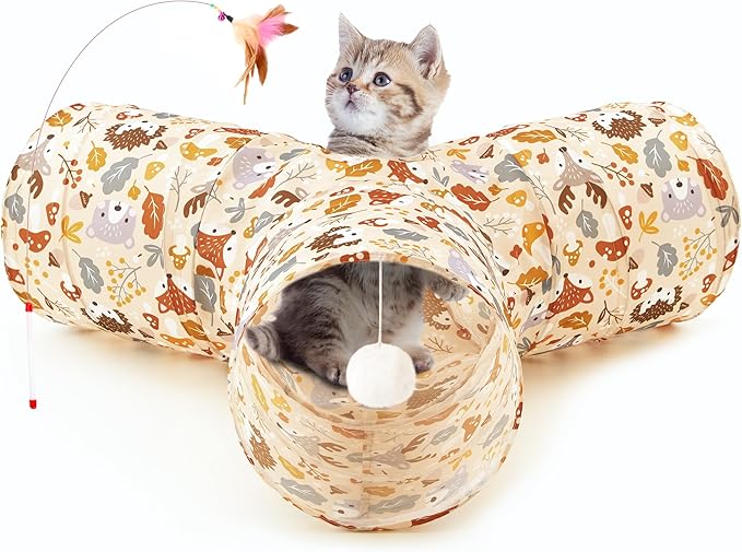 Tempcore Pet Cat Tunnel Tube Cat Toys 3 Way Collapsible, Cat Tunnels for Indoor Cats,Kitty Tunnel Bored Pet Toys Peek Hole Toy Ball Puppy, Kitty, Kitten, Rabbit Beige Deer