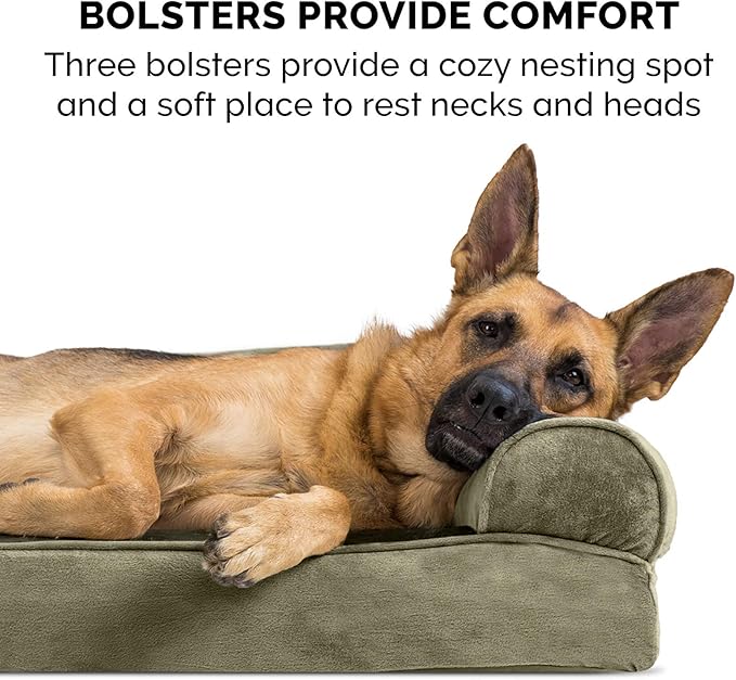 Furhaven Cooling Gel Dog Bed for Large/Medium Dogs w/ Removable Bolsters & Washable Cover, For Dogs Up to 55 lbs - Faux Fur & Velvet Sofa - Dark Sage, Large