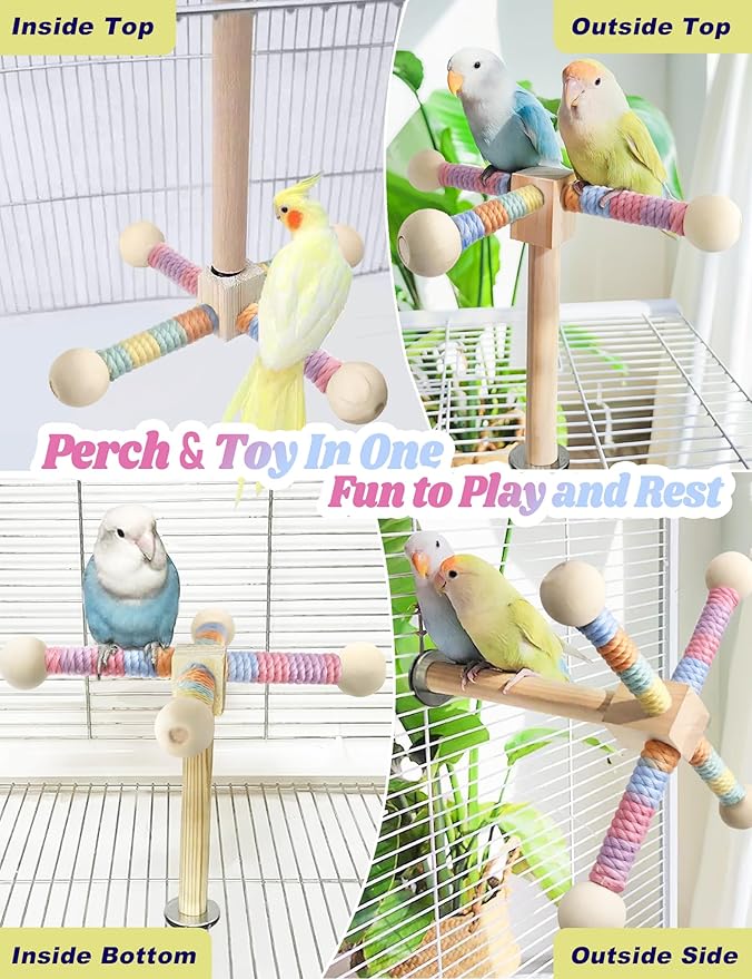Bird Stand Perch Toy for Small & Medium Birds, 360° Rotating Natural Wooden Parrot Perchs for Bird Cages, Interactive Spinning Toy fo Parrot Parakeets Cockatiels Lovebirds Conures Finches Budgies