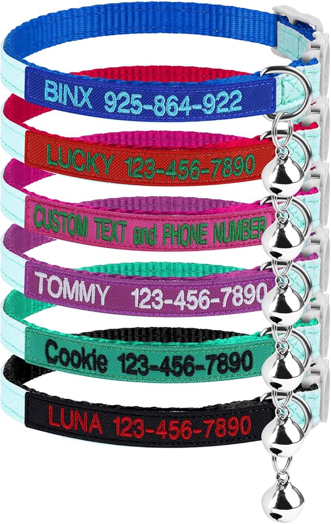 Personalized Nylon Cat Collar Breakaway with Bell, Custom Glow in The Dark ID Collar with Embroidered Name and Phone Number (Glow in The Dark)