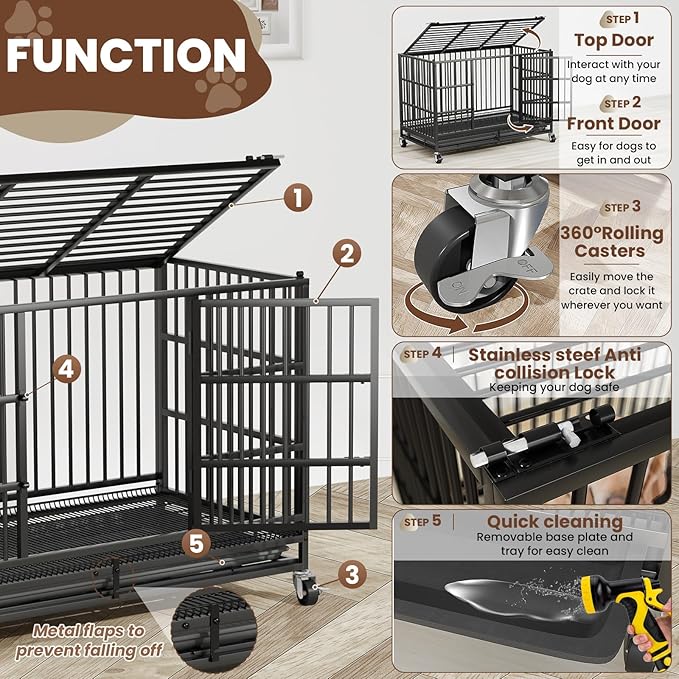 LEVELEVE 54 Inch Heavy Duty Indestructible Dog Crates for Large Dogs,Escape Proof Dog Cage Large Dogs with Lockable Wheels,Dog Kennel Furniture Indoor&Outside