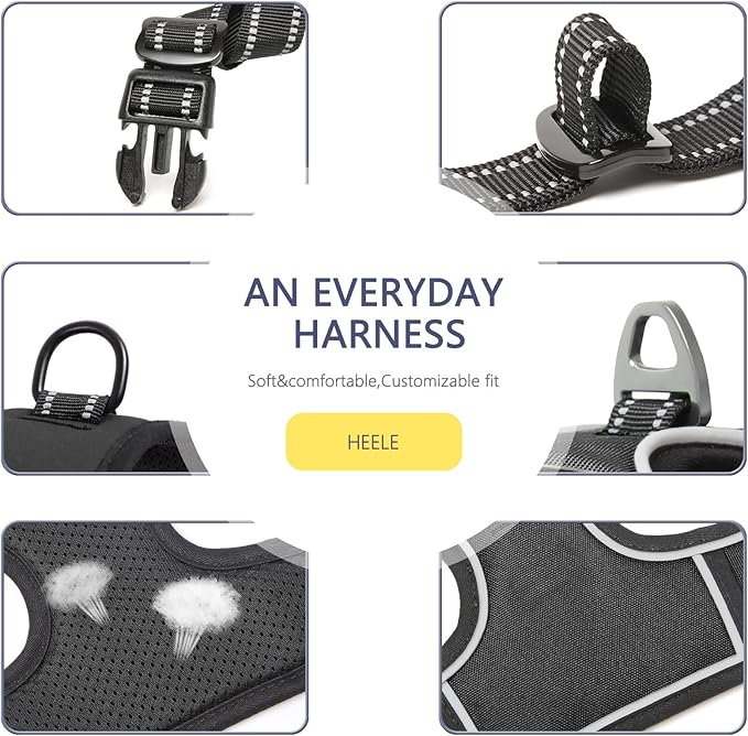 HEELE Dog Harness, No Pull Adjustable Padded Reflective Harness for Small Medium Large Dogs with Handle for Walking Training, Black, L