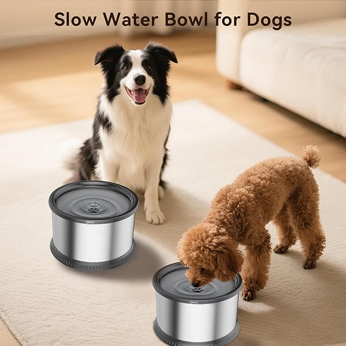 2PCS Dog Water Bowls for Multiple Pets, 4.5L/152oz No Spill Stainless Steel Slow Drinking Water Bowls with Anti-Slip Mat, Splash Proof Pet Bowl for Sloppy Messy Drinkers, Medium Large Dogs