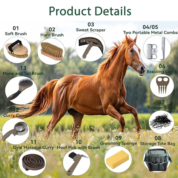 Horse Grooming Kit 13 Piece, Horse Brushes for Grooming Supplies Set with Organizer Bag, Horse Brush & Curry Comb for Effective Cleaning, Gift for Horses Riders Beginners