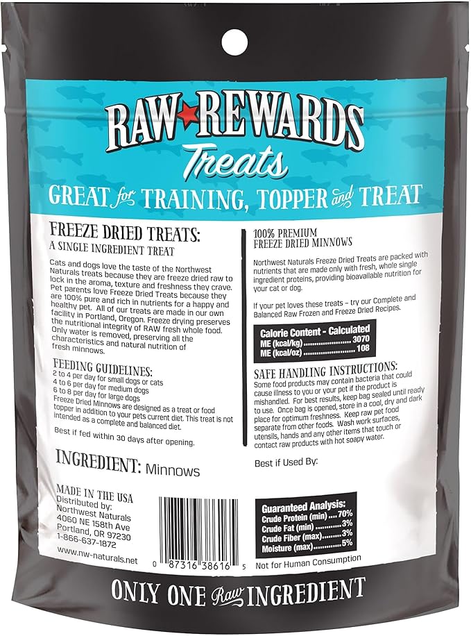 Northwest Naturals Raw Rewards Freeze-Dried Minnow Treats for Dogs and Cats - Bite Sized Pieces - Grain Free - 1 Ingredient - Healthy - Human Grade - All Natural - USA Made - 1 Oz