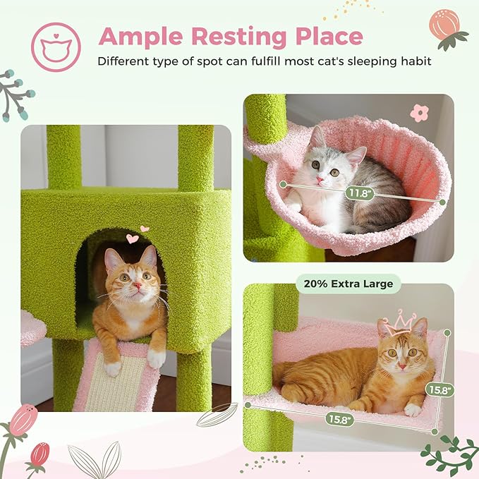 PEQULTI Tall Cat Tree Floor to Ceiling Cat Tower Adjustable Height (90.5''-100.4'' = 230cm-252cm) with Cat Condo, Cozy Hammock and Scratching Post, Pink Flower Climbing Tree for Indoor Cats, Pink