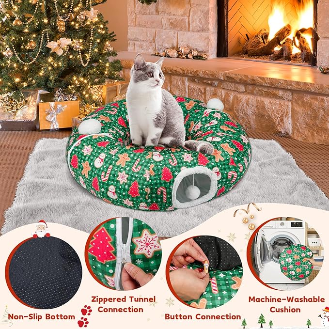 Cat Tunnel Christmas Tree Skirt Cat Tunnel Bed for Indoor Cats Play Donut Tunnel Toys S Shape for Rabbit Ferret (Green)