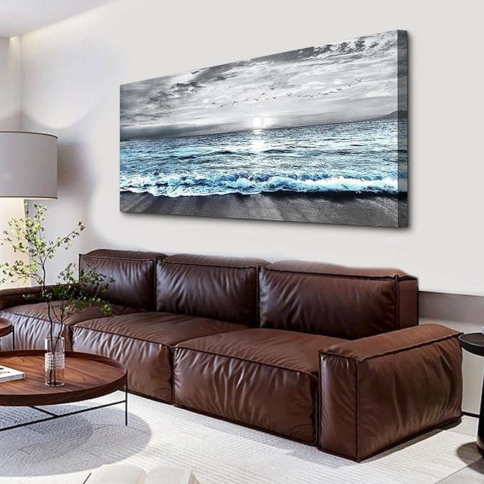Lapremoly Black And White Beach Wall Painting Canvas Wall Art For Living Room Large Wall Decor For Bedroom Office Wall Decorations Blue Ocean Sea Wave landscape Pictures Artwork Posters Home Decor