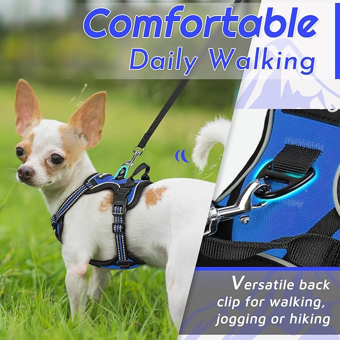 Eagloo Small Dog Harness No Pull, Service Vest with Reflective Strips and Control Handle, Adjustable and Comfortable for Easy Walking, No Choke Pet Harness with 2 Metal Rings, Blue, XS