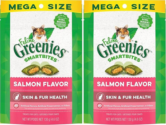 Greenies Feline Smartbites Skin & Fur Crunchy and Soft Natural Cat Treats, Salmon Flavor, 4.6 oz. Pack (Pack of 2)