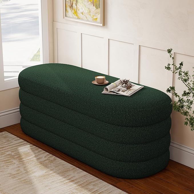 Storage Ottoman Bench 49.2 Inch Upholstered Fabric Storage Bench for Bedroom End of Bed Aesthetic Large Oval Ottoman for Living Room(Dark Green)