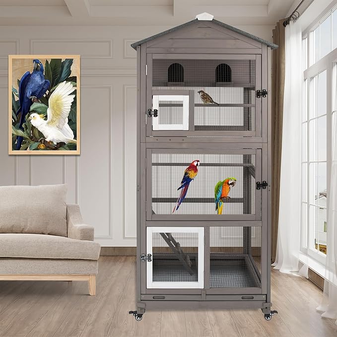 Flight Bird Cage Outdoor Large Wooden Bird Aviary Parrot Cage for Parakeet, Finches and Any Small Birds - Pull Out Wire Netting, Slide-Out Tray, 2 Perches, Nest House, 4 Wheels Include, Grey