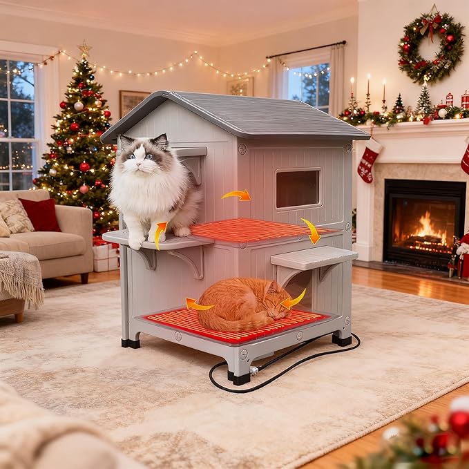 Rockever 2 Story Heated Cat House for Outside in Winter, 100% Waterproof Heated Cat House for Outdoor Cats with Heating Pad, Elevated Outdoor Cat House, Safe Escape Door for Outdoor Cats