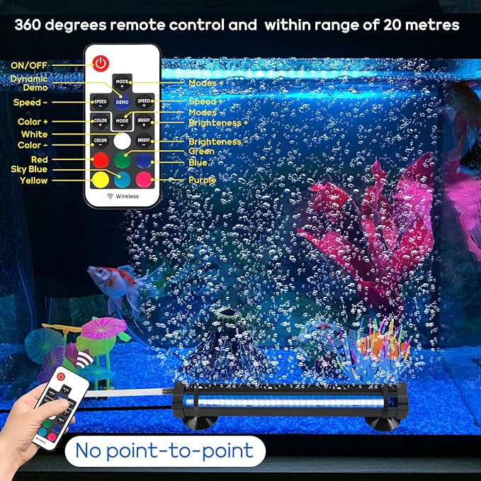 Submersible Bubble Aquarium Light:RGB Aquarium Light with Remote Control Oxygenator for Saltwater Coral Growth - 9 Inch Waterproof Fish Tank Light Designed for Aquarium Breeders