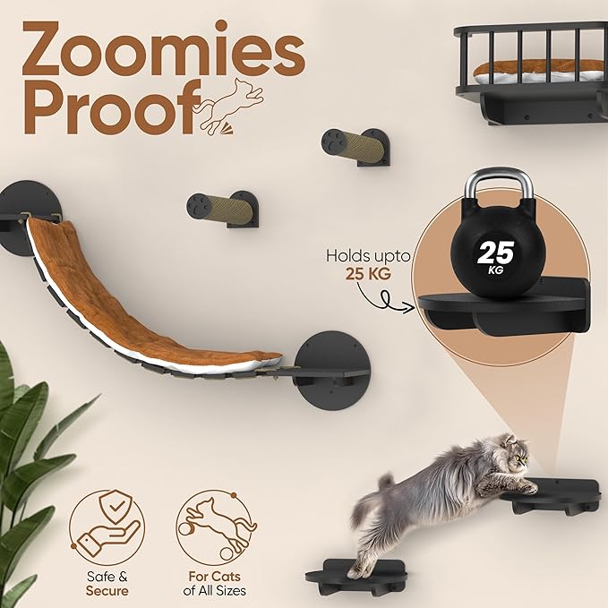 FURRY VIBES Cat Wall Shelves & Perches – 7-in-1 Cat Wall Furniture Set with Bed, Climbing Steps, Scratcher & Bridge Ladder – Black Bamboo Wall Cat Shelf for Indoor Cats
