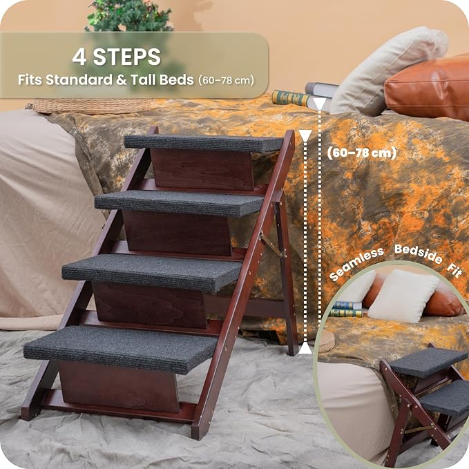 MEWANG Wooden Pet Stairs/Pet Steps - 3-in-1 Foldable Stairs & Ramp for Beds and Cars - Portable Dog/Cat Ladder Up to 220 Pounds - Great for Small and Older Animals(Brown) (24.8" L x 17.2" W x 19.5" H)