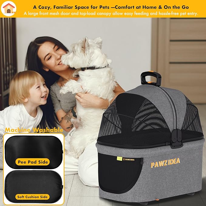 PAWZIDEA Pet Stroller 4 in 1, Dog Strollers with Detachable Carrier No-Zip Canopy, Portable Pet Crate for Car Seat Travel, Foldable & Lightweight Jogger for Small/Medium Dogs and Cats, Storage Basket