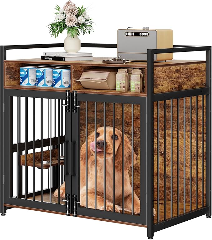 Furniture Style Dog Crate with Storage, 48 Inch Dog Crate Furniture with Double Doors, 2 Stainless Steel Bowls, Dog Crate Furniture-Style Crate for Large/Medium Dog