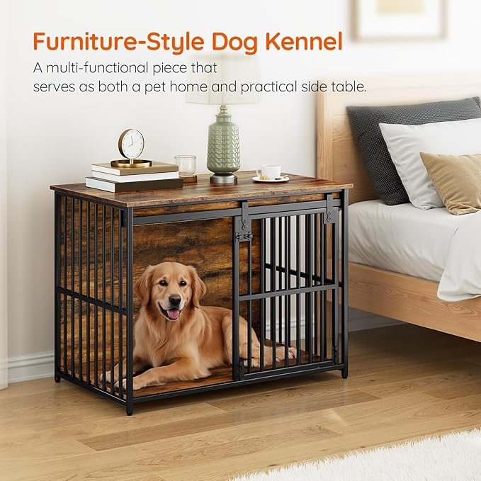 HOOBRO Dog Crate Furniture, 36.6" Heavy Duty Dog Kennel with Sliding Barn Door, Wooden Dog Cage Indoor, Decorative Side End Table for Small/Medium Dogs, Rustic Brown and Black FG162GW03G1