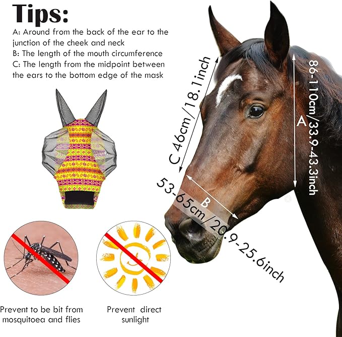 Frienda 4 Pieces Horse Fly Masks with Ears Face Covering UV Protection from Insect Pests Elasticity Smooth Comfortable Mesh Horse Mask Accessories(Geometric,Medium)