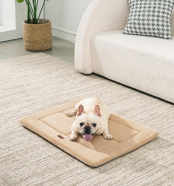 Made4Pets Dog Crate Pad Bed for Small Dogs, Washable & Reversible, Anti-Slip Kennel Mat for Cozy Sleeping, Soft Fluffy Dog Bed for Indoor & Outdoor Use, 24"x18", Khaki
