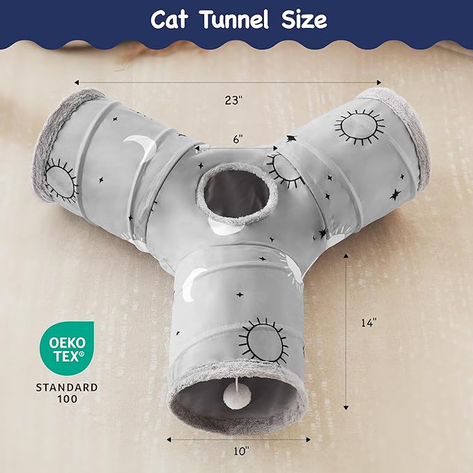 Tempcore Pet Cat Tunnel Tube Cat Toys 3 Way Collapsible, Cat Tunnels for Indoor Cats Fleece-Lined in for Warmth,Kitty Tunnel Bored Pet Toys Peek Hole Toy Ball Puppy, Kitten, Rabbit Gray Sun