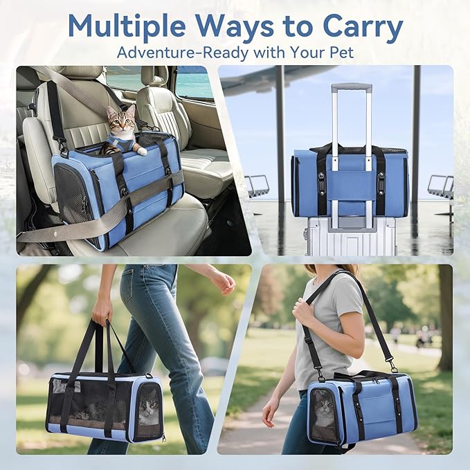 PETSFIT Soft-Sided Cat Carriers & Car Seats with Patent Safe Buckles, Clip-On Harness,18"x11"x11" Airline Approved Pet Carrier - 9 lbs Capacity (Blue)